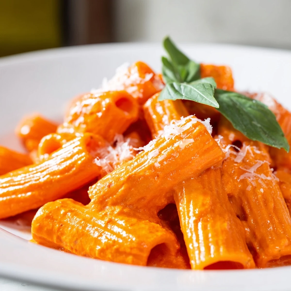 Creamy roasted red pepper pasta topped with fresh basil and parmesan cheese