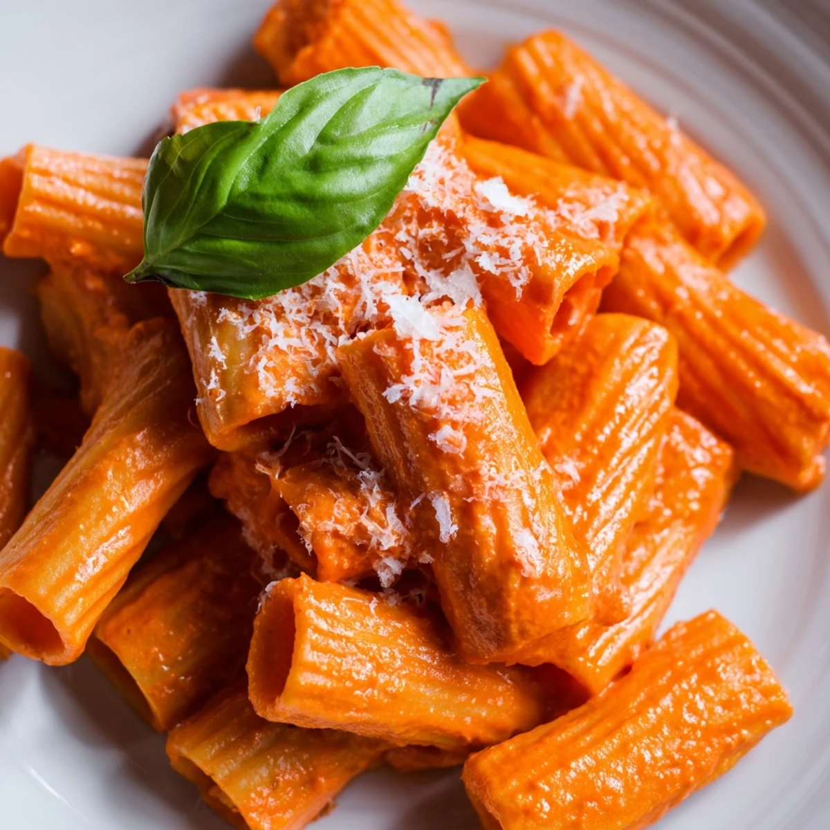 Vibrant orange roasted red pepper pasta served in a white bowl with garnish