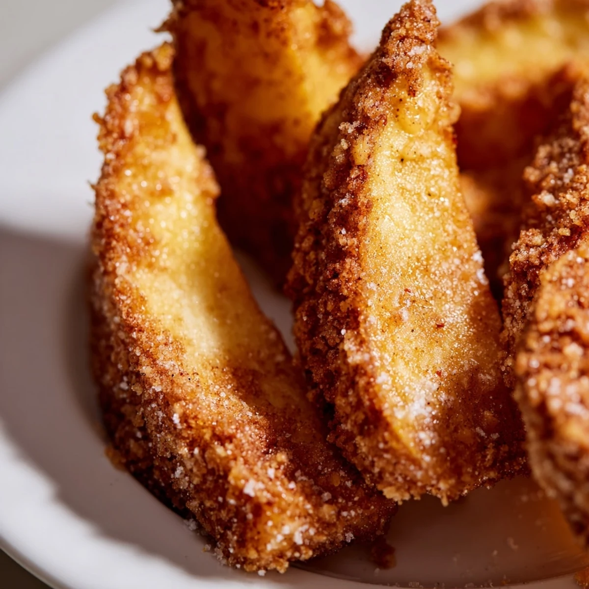 Golden crispy air fryer apple slices topped with a dusting of sweet cinnamon sugar