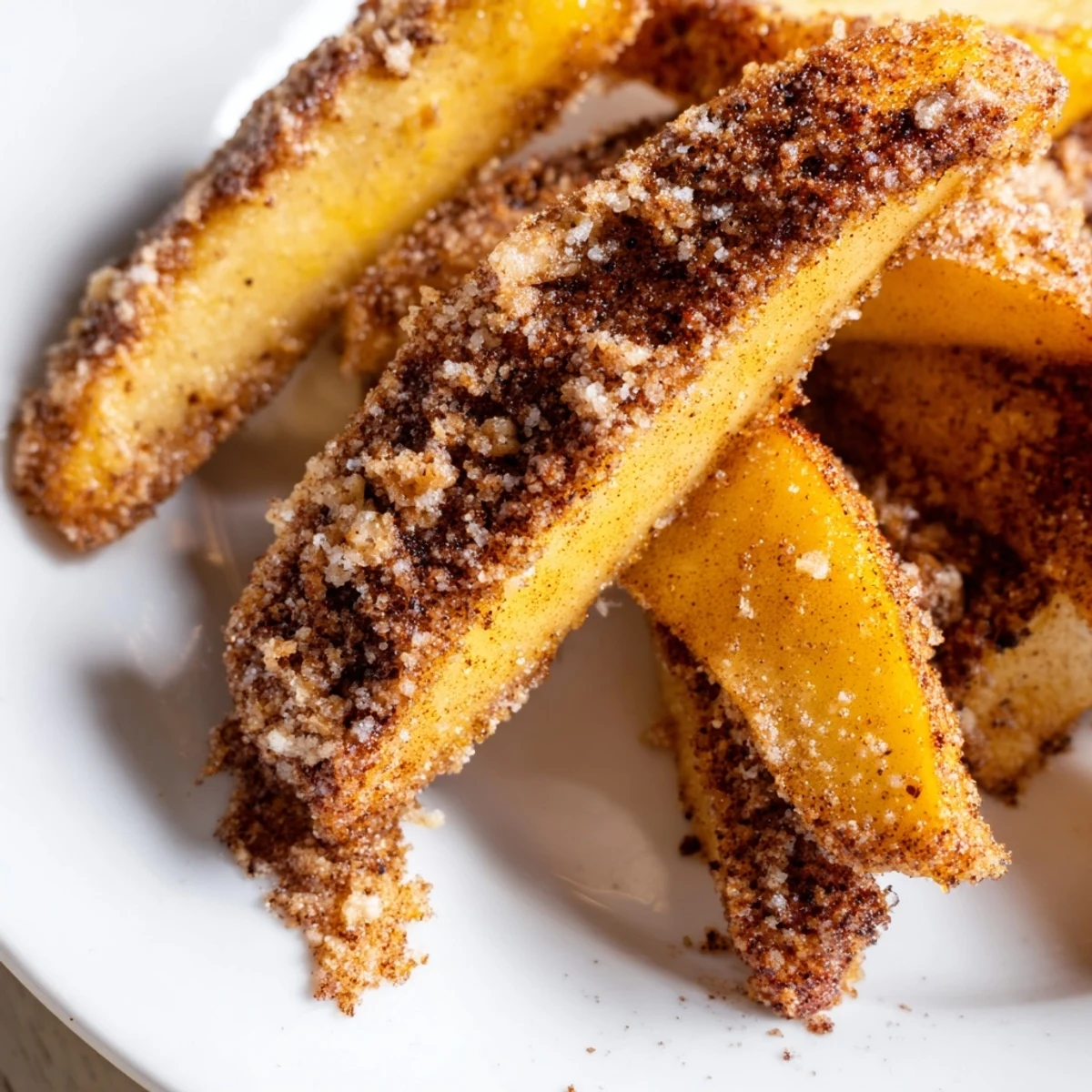 Crispy air fryer apples served warm in a bowl beside vanilla ice cream