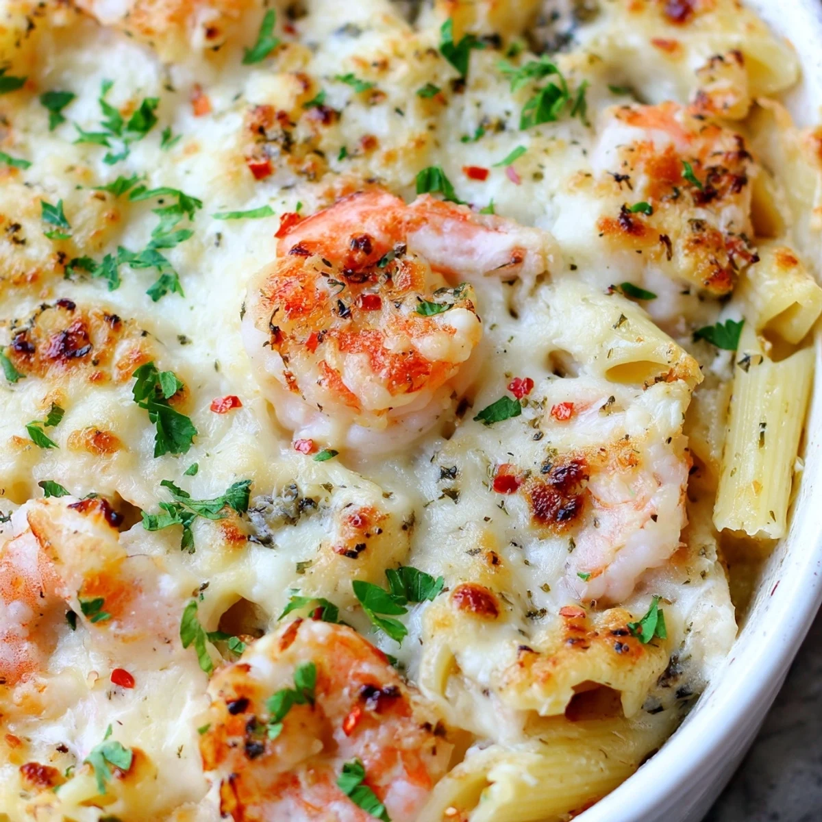 Golden baked shrimp scampi pasta bake with bubbling mozzarella and fresh parsley garnish