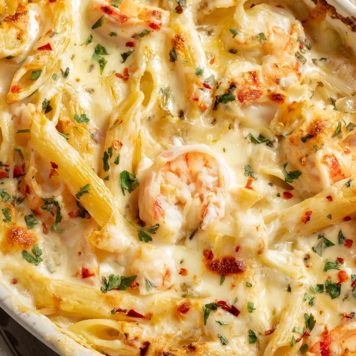 Creamy shrimp scampi pasta bake topped with crispy parmesan crust straight from the oven
