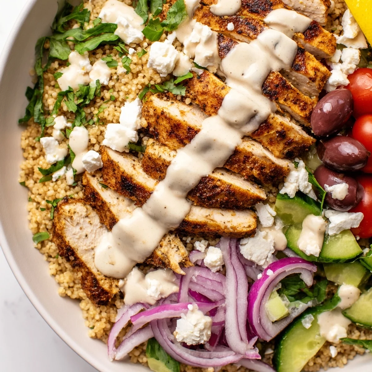 Golden sliced chicken crowns a Classic Mediterranean Chicken Couscous Bowl with vibrant cherry tomatoes and herbs