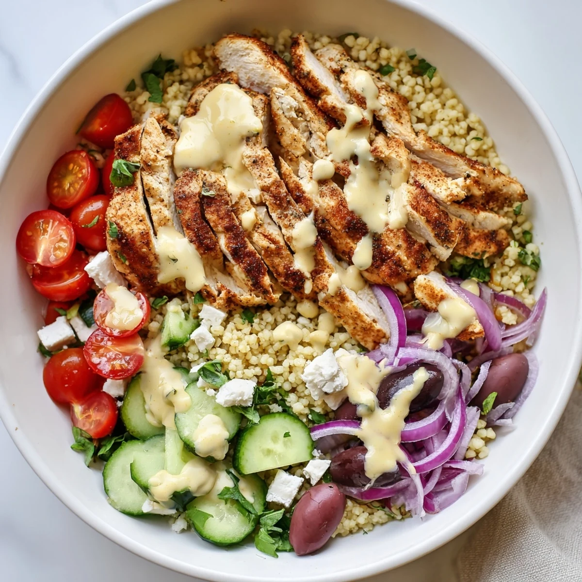 Steaming Classic Mediterranean Chicken Couscous Bowl drizzled with creamy lemon-tahini sauce on rustic stoneware