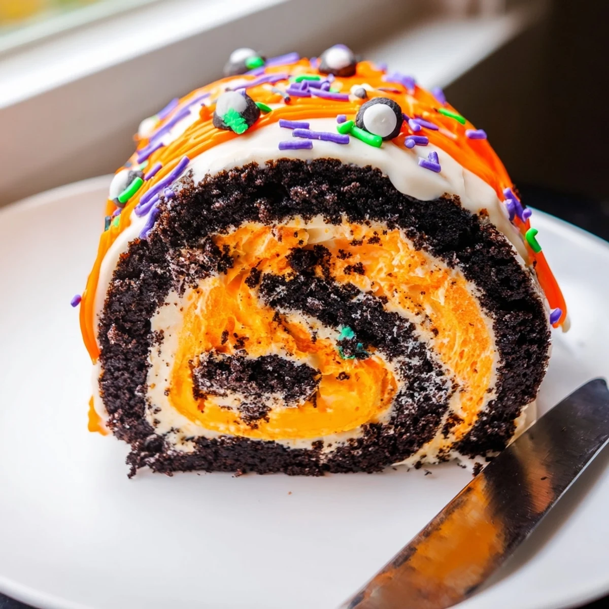 Creamy purple whipped filling peeks out of this chilled no-bake Halloween Oreo Roll dessert log