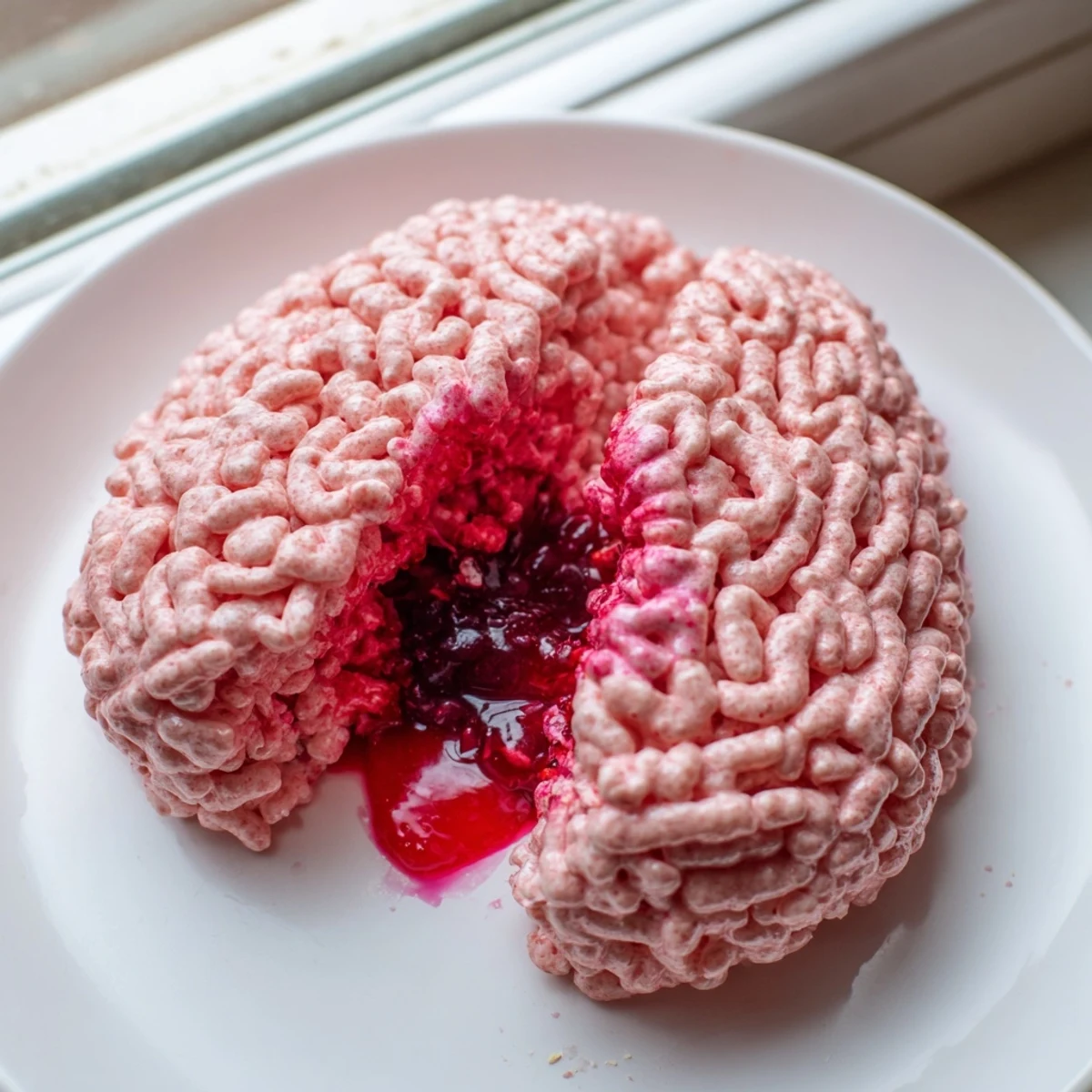 Crispy rice cereal brain oozing bright red berry filling on a dark Halloween party platter