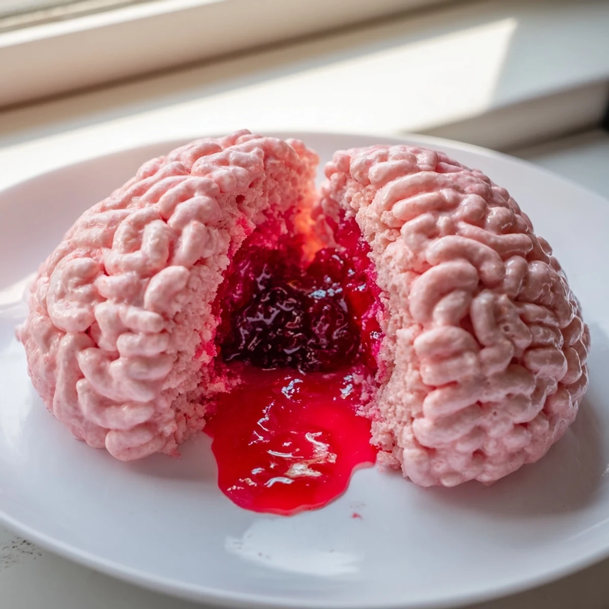 Pink marshmallow crispy cereal shaped into a spooky brain with gooey raspberry jam center