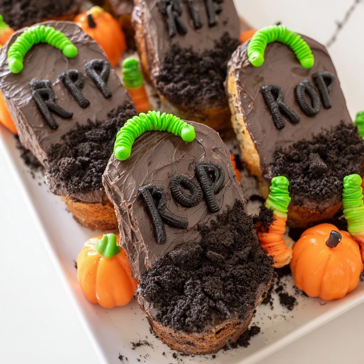 Spooky Pull Apart Graveyard Cupcakes decorated with icing tombstones and gummy worms on a tray