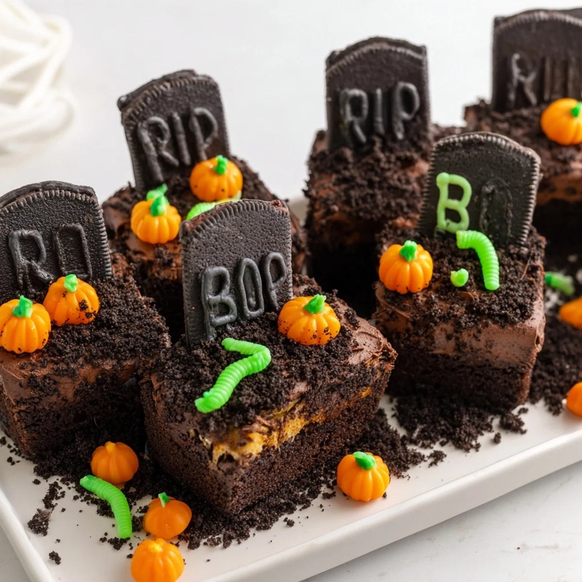 Pull Apart Graveyard Cupcakes topped with rich chocolate frosting and crumbled cookie dirt