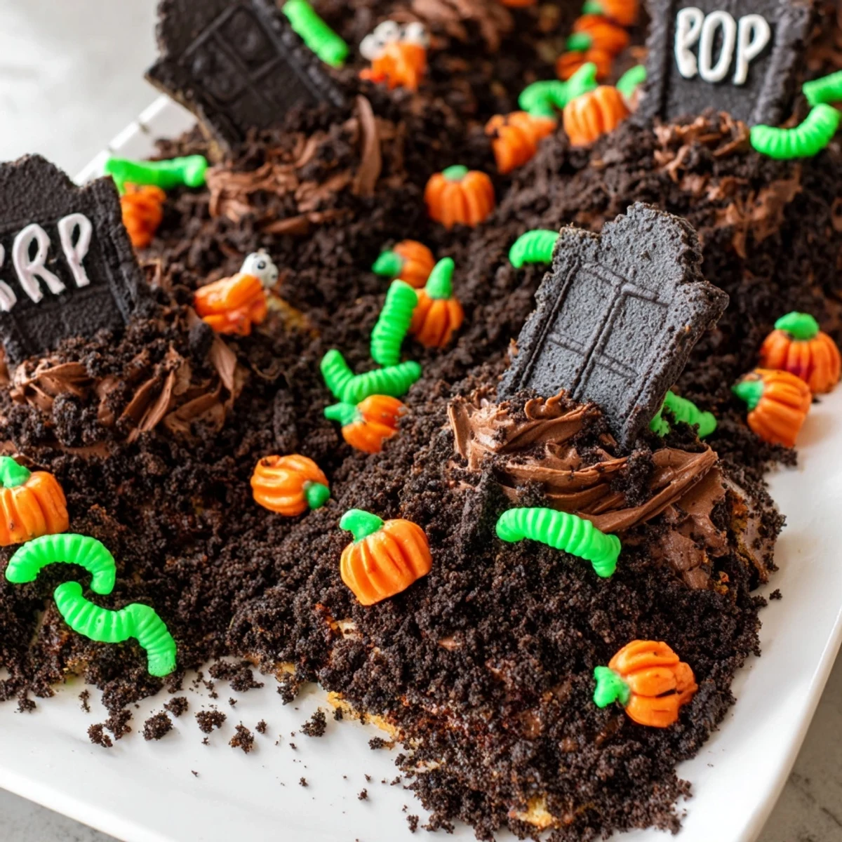 A creepily delicious spread of Pull Apart Graveyard Cupcakes with candy pumpkins and cookie crumbs