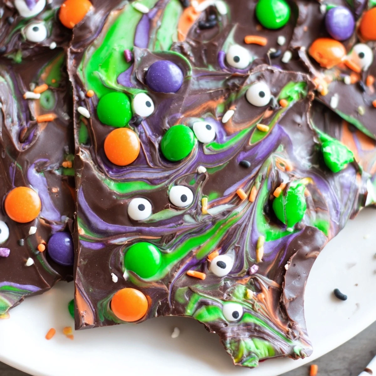 Melting Witches Bark with swirled chocolates, candy eyes, and colorful Halloween sprinkles