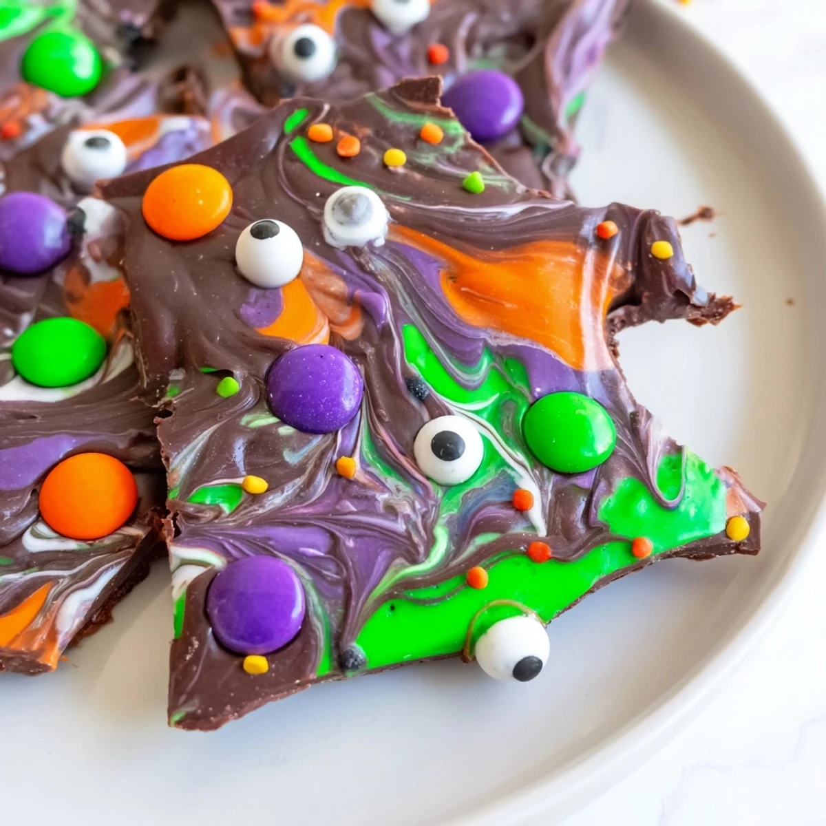 Dark and white chocolate Melting Witches Bark topped with spooky candy eyes and sprinkles