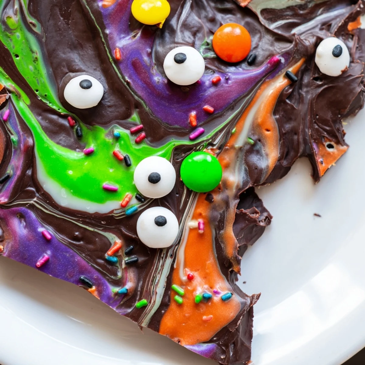 Melting Witches Bark broken into rustic pieces showcasing marbled green and orange chocolate swirls