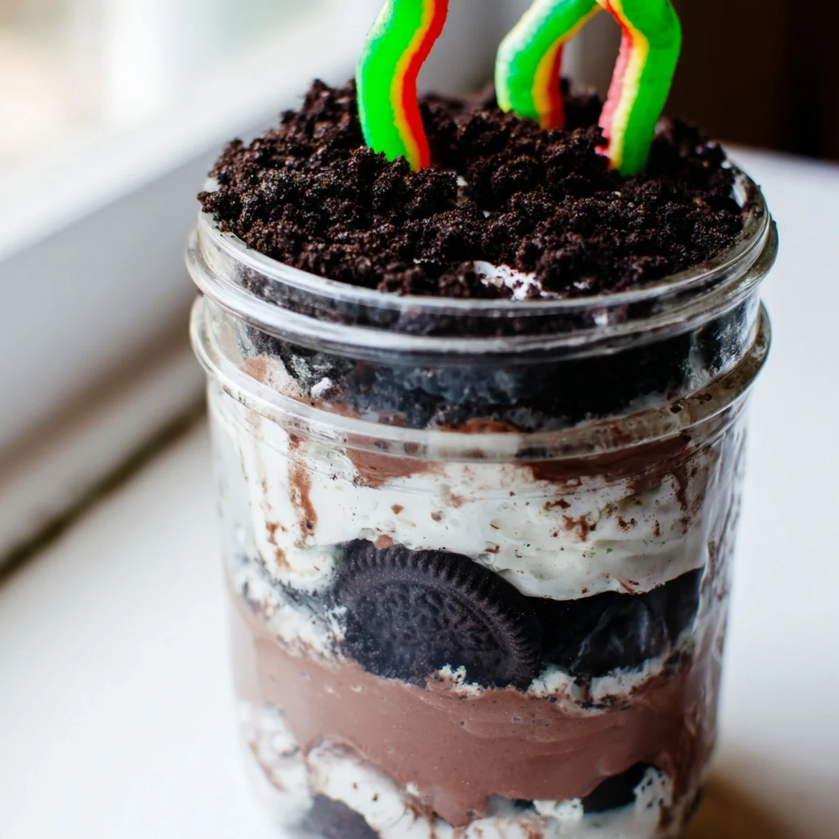 Creamy dirt pudding with chocolate cookie crumbs and gummy worms in individual cups