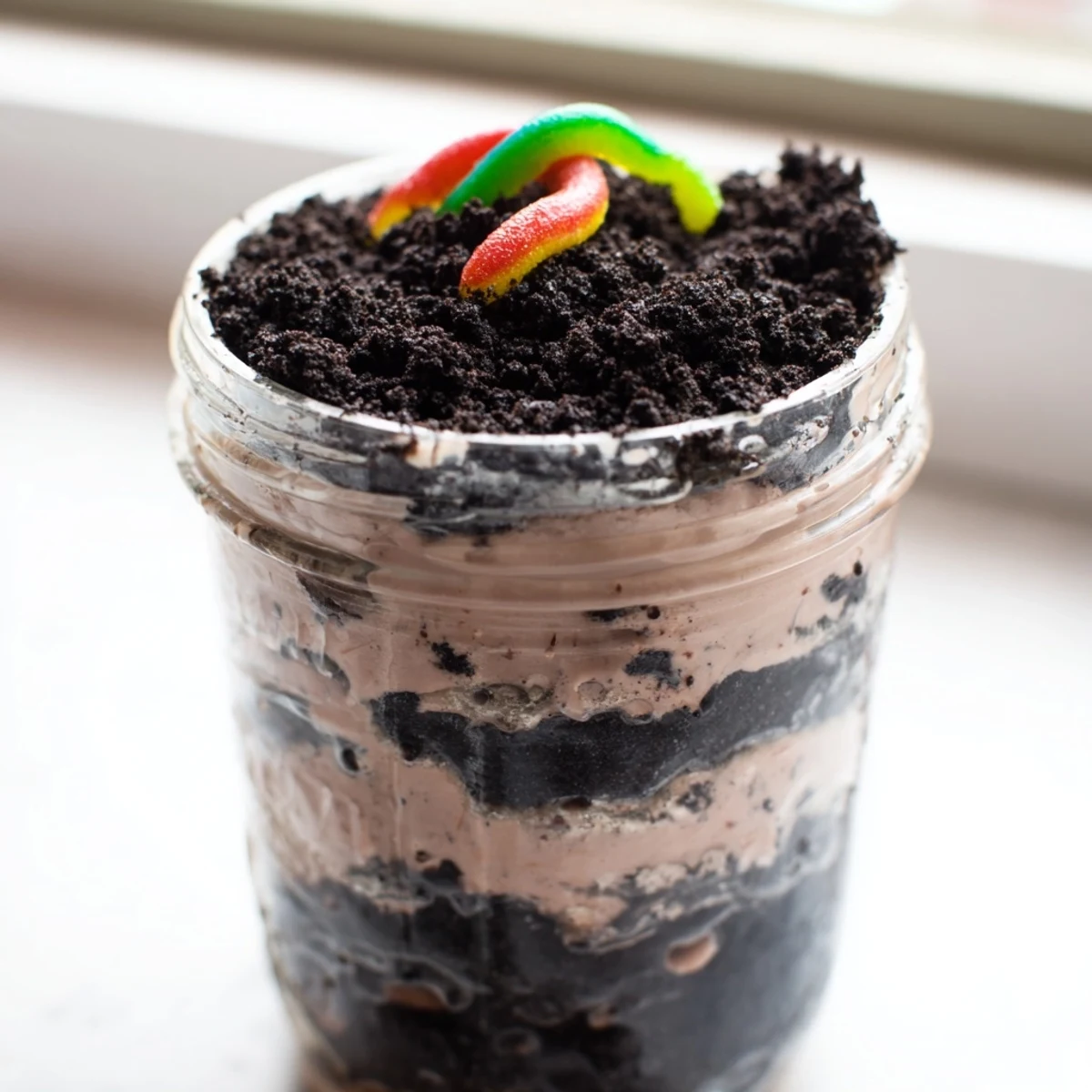 Rich chocolate dirt pudding layered with crushed Oreos topped with playful gummy worms