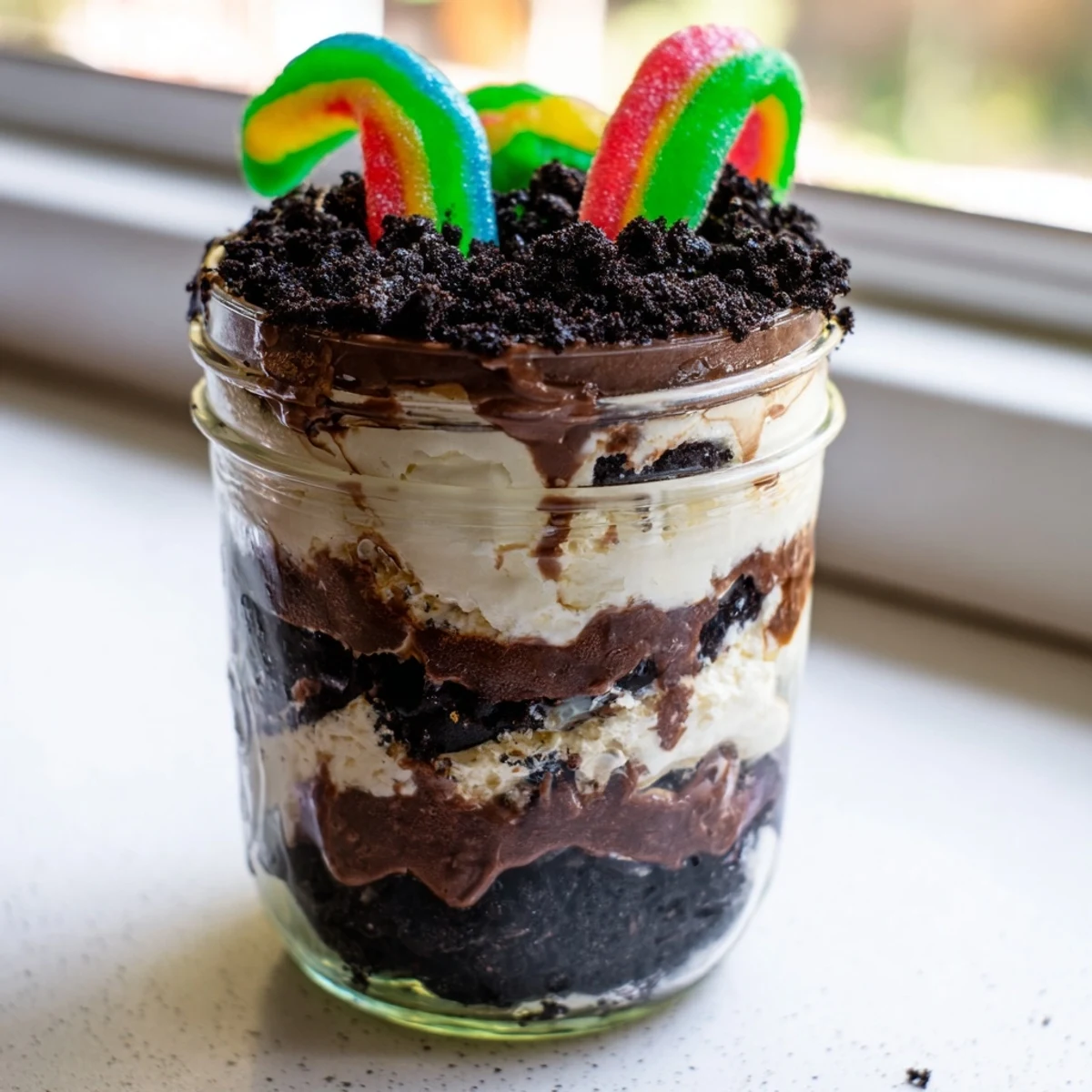 Fun dirt pudding dessert featuring velvety chocolate mousse and cookie dirt in jars