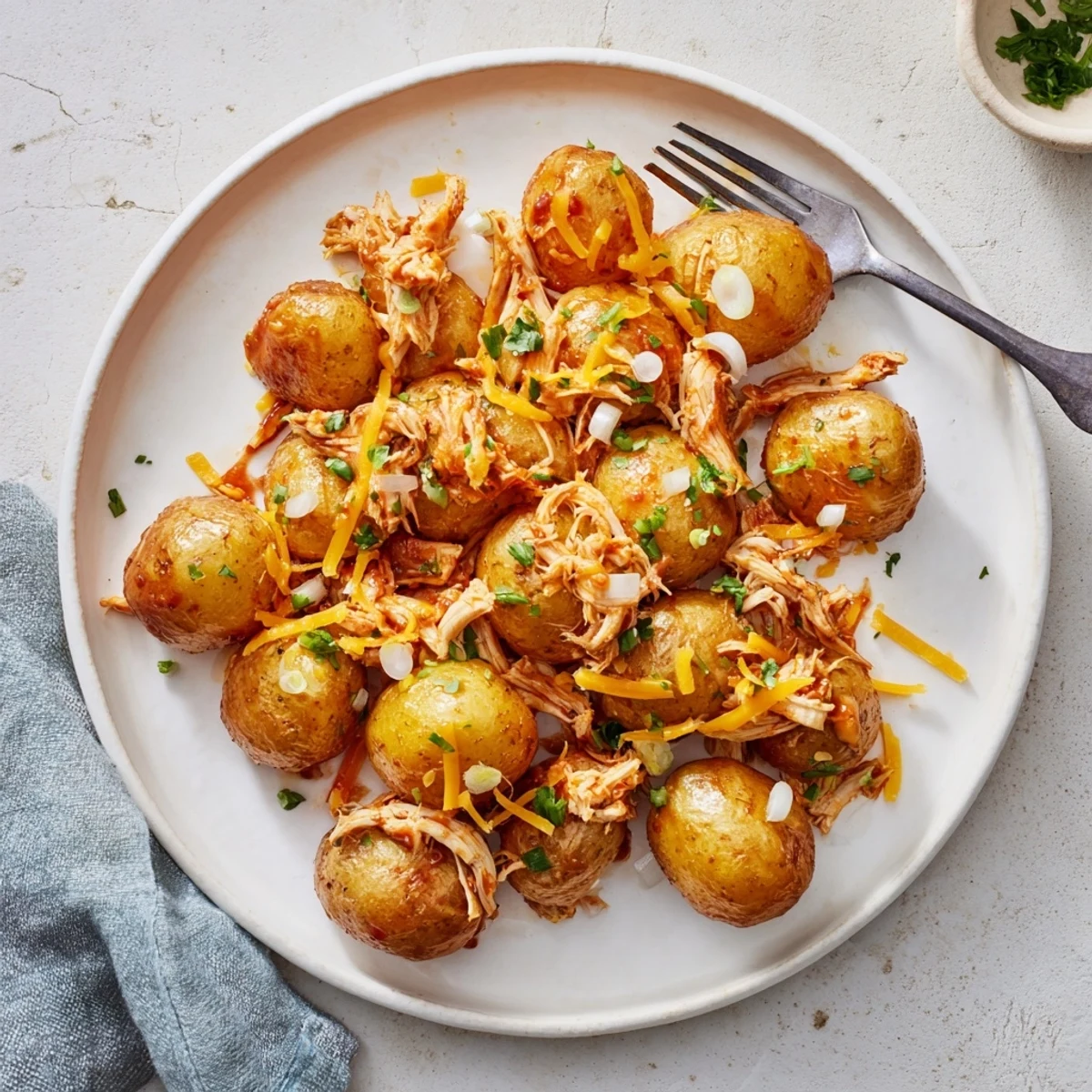 Golden roasted potatoes loaded with honey BBQ chicken and melted cheddar cheese