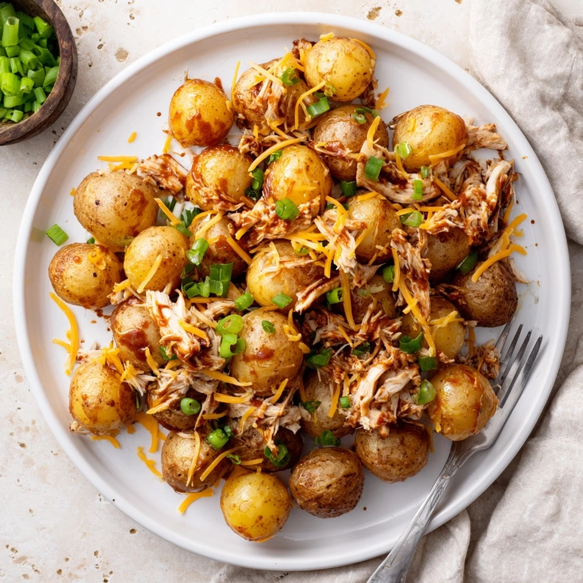 Sliced honey BBQ chicken over crispy potatoes topped with fresh parsley garnish
