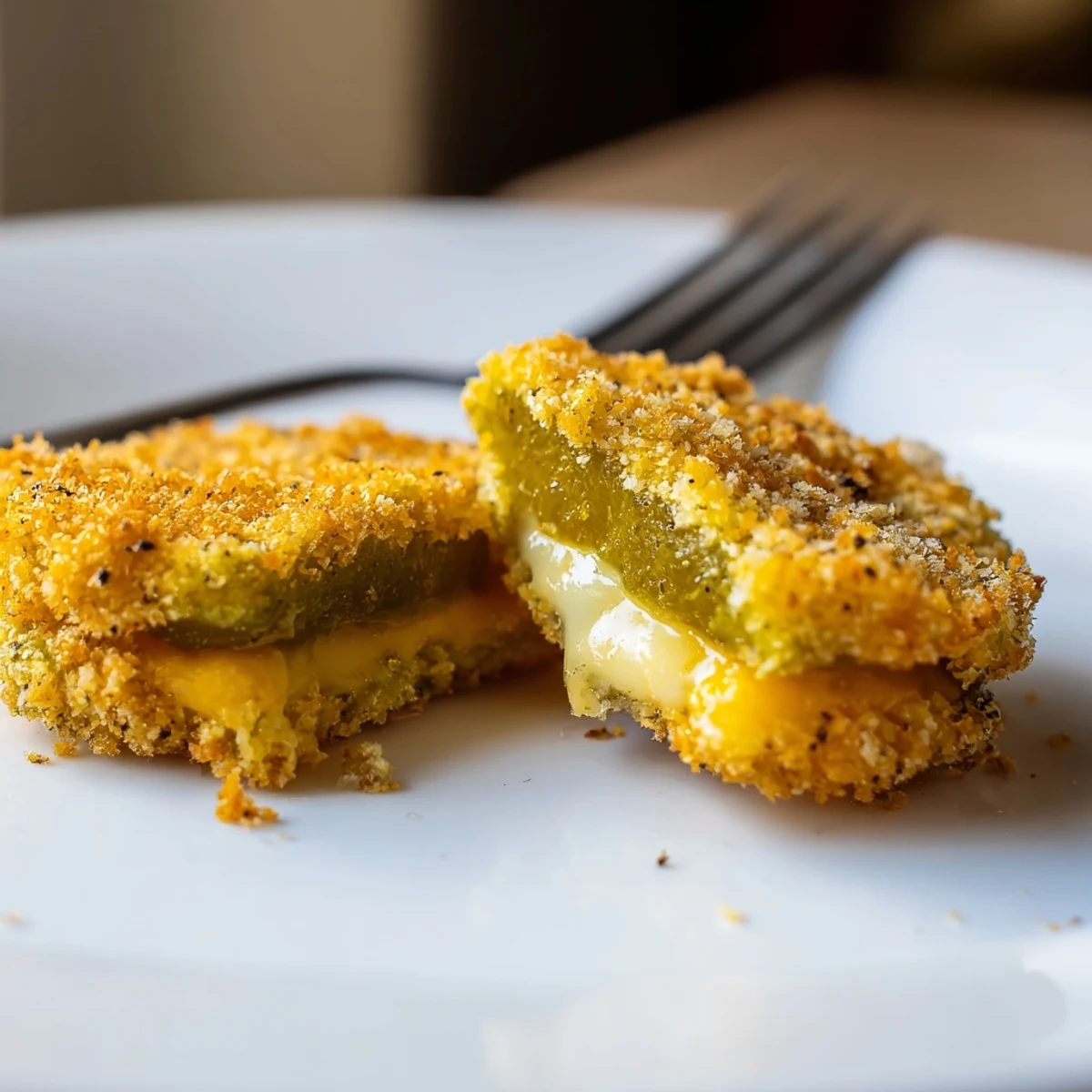 Fried crispy pickle cheese bites arranged on a plate with toothpicks