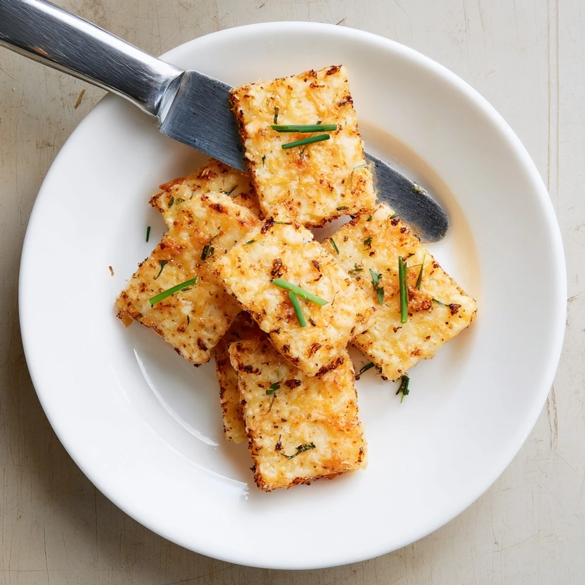 Golden baked cheese and herb snack crisps arranged on a parchment-lined baking sheet