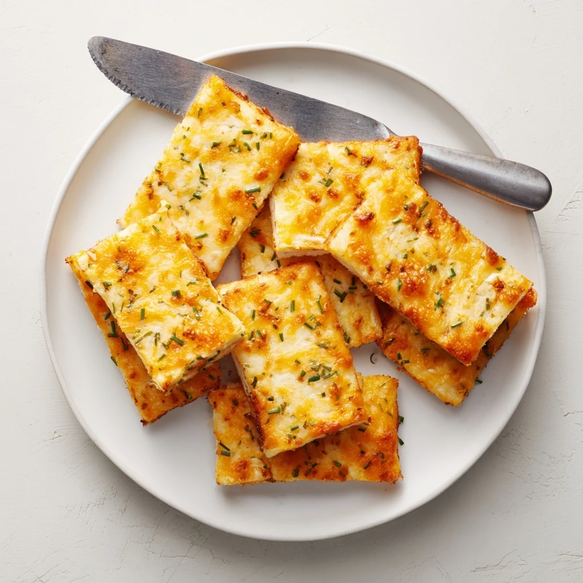 Crispy cheddar and chive snack bites served warm on a rustic wooden board