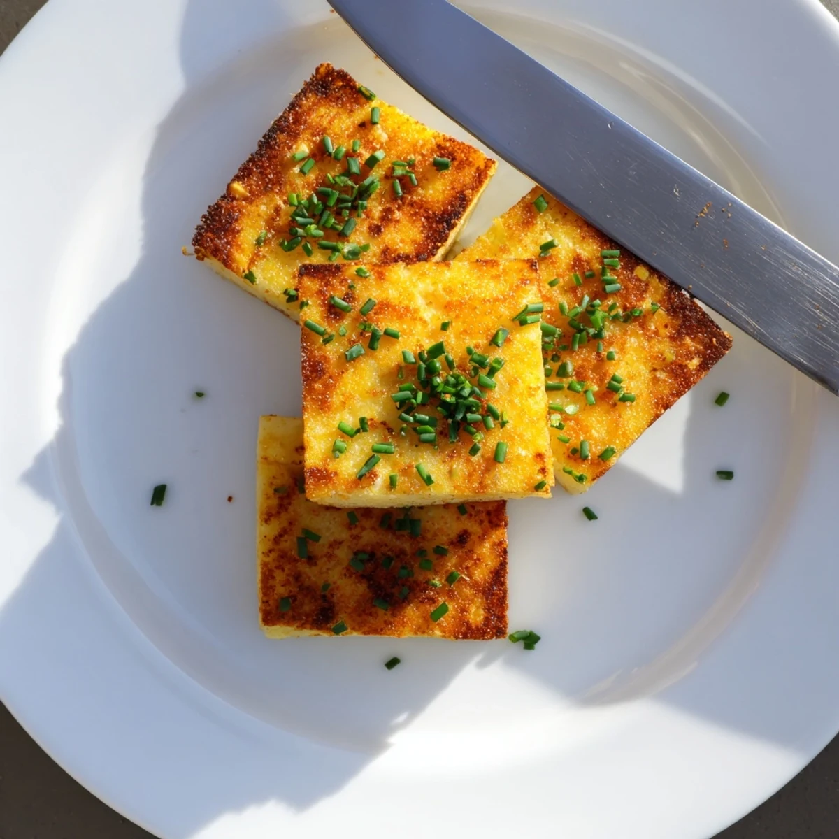 Ultra-crispy baked cheese and herb snack squares stacked beside a creamy dipping sauce