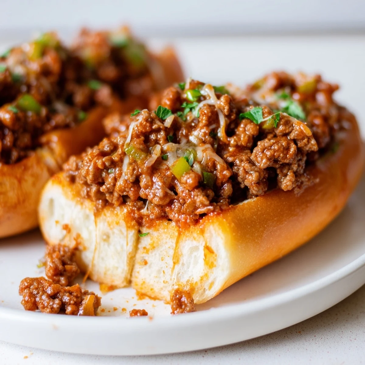 Warm Garlic Bread Sloppy Joes sandwich, savory beef filling, crisp baguette edges
