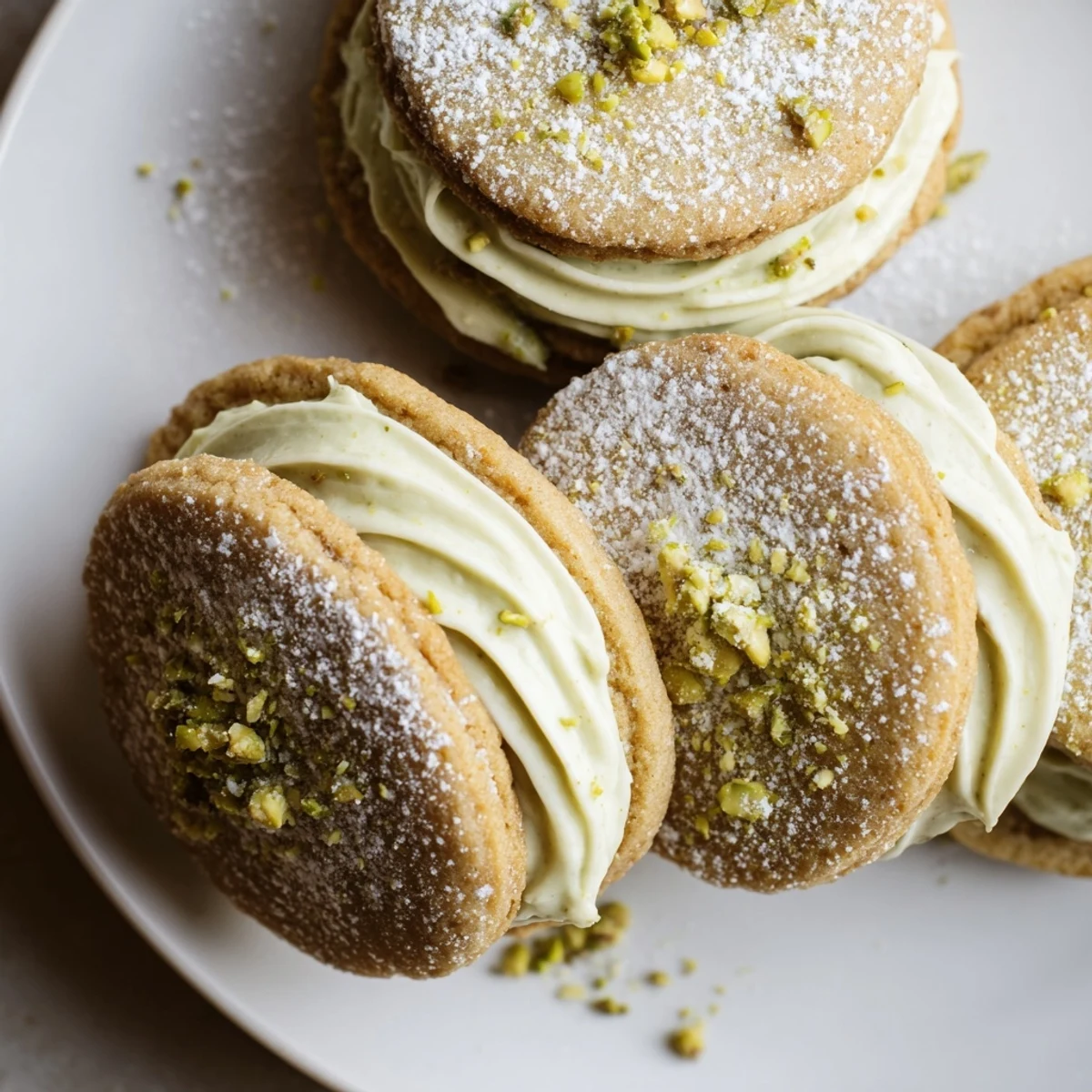Pistachio Cream Cookies Recipe displayed on plate, buttery edges and green filling