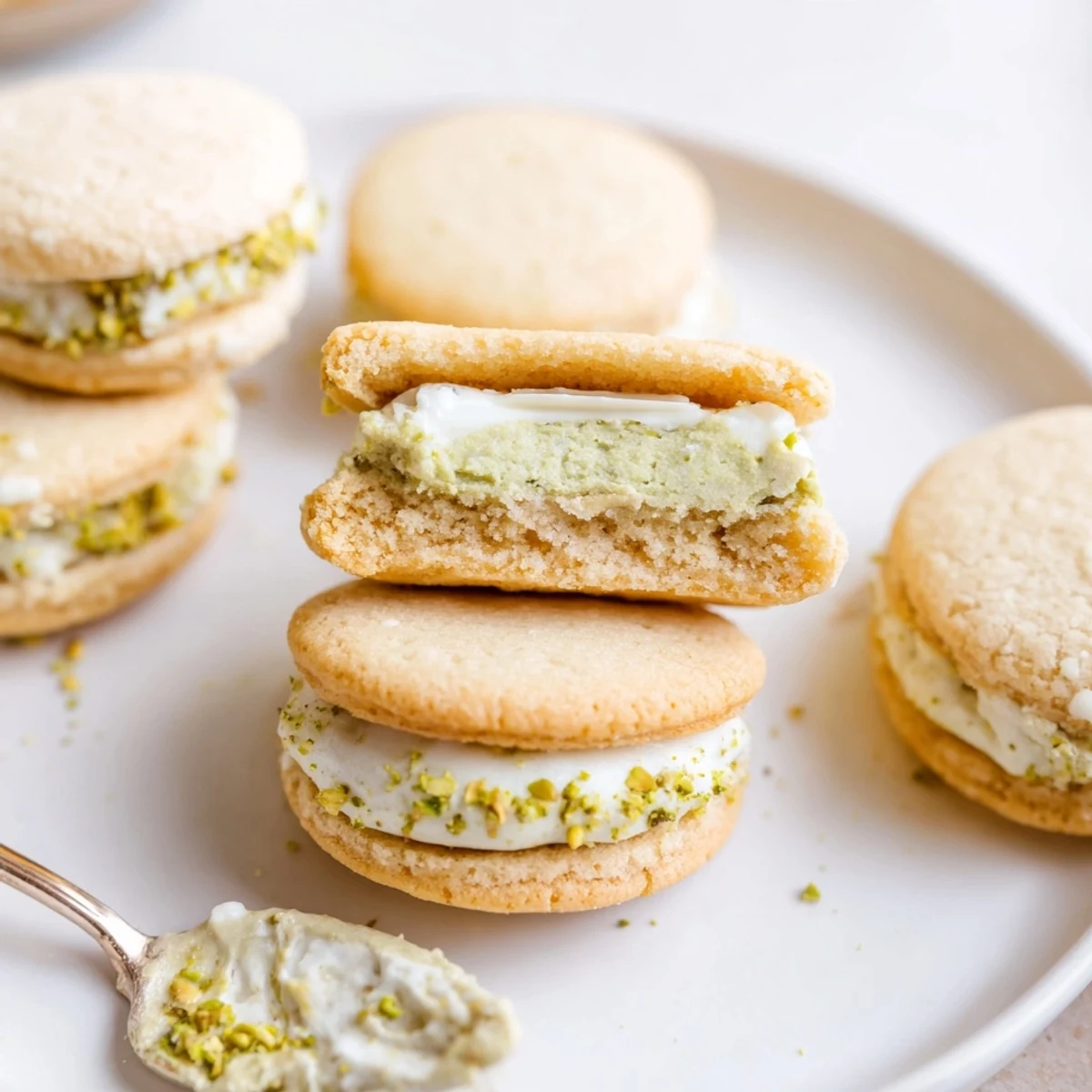 Pistachio Cream Cookies Recipe features tender sandwich cookies filled with silky green cream