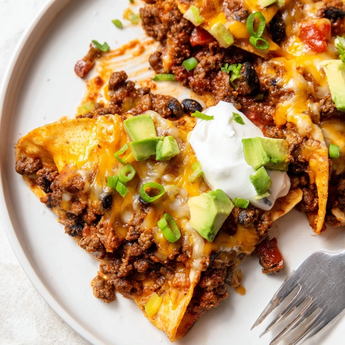 Beef Skillet Enchiladas bubbling with melted cheese, topped with cilantro and sour cream