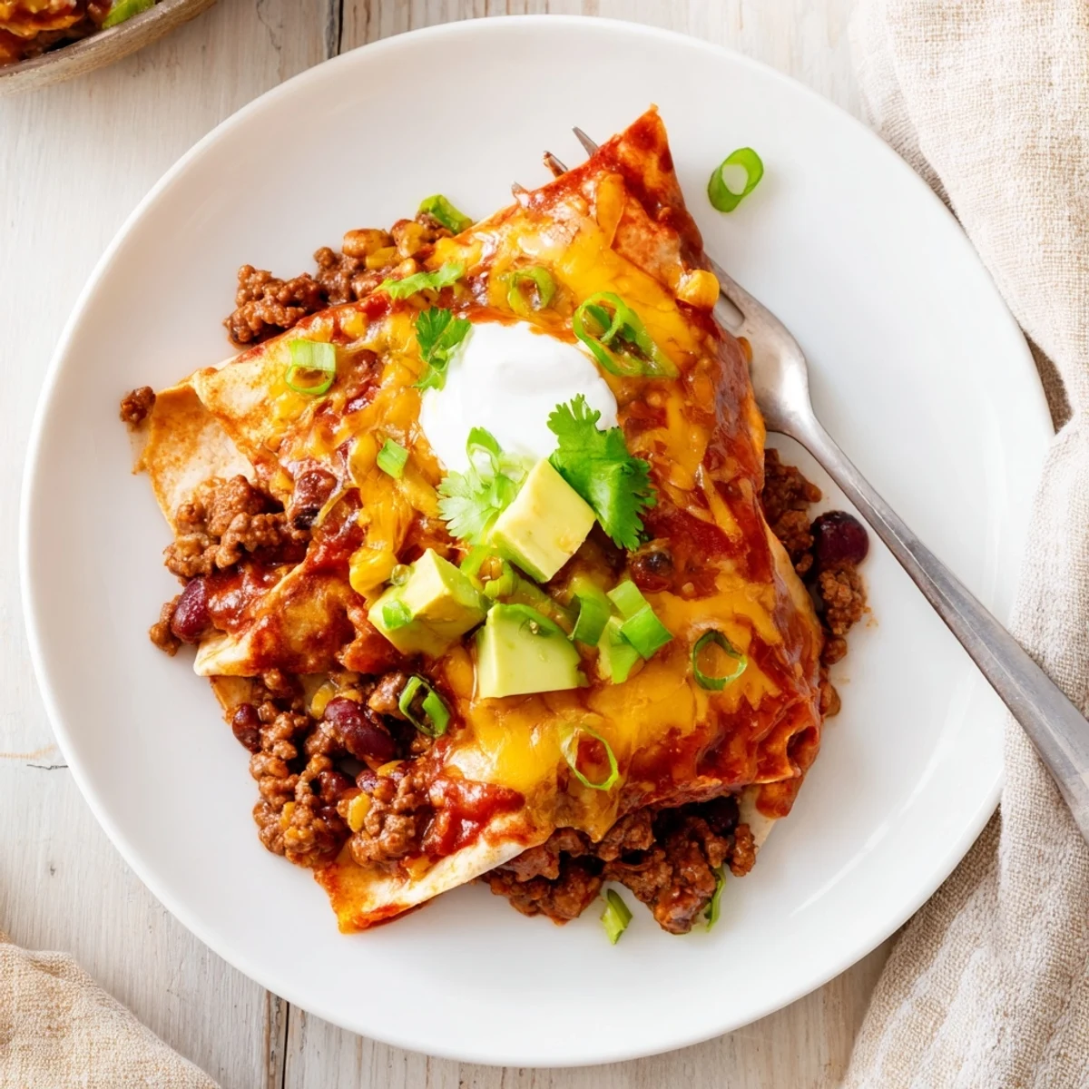 Hearty Beef Skillet Enchiladas served hot with diced avocado and lime wedges