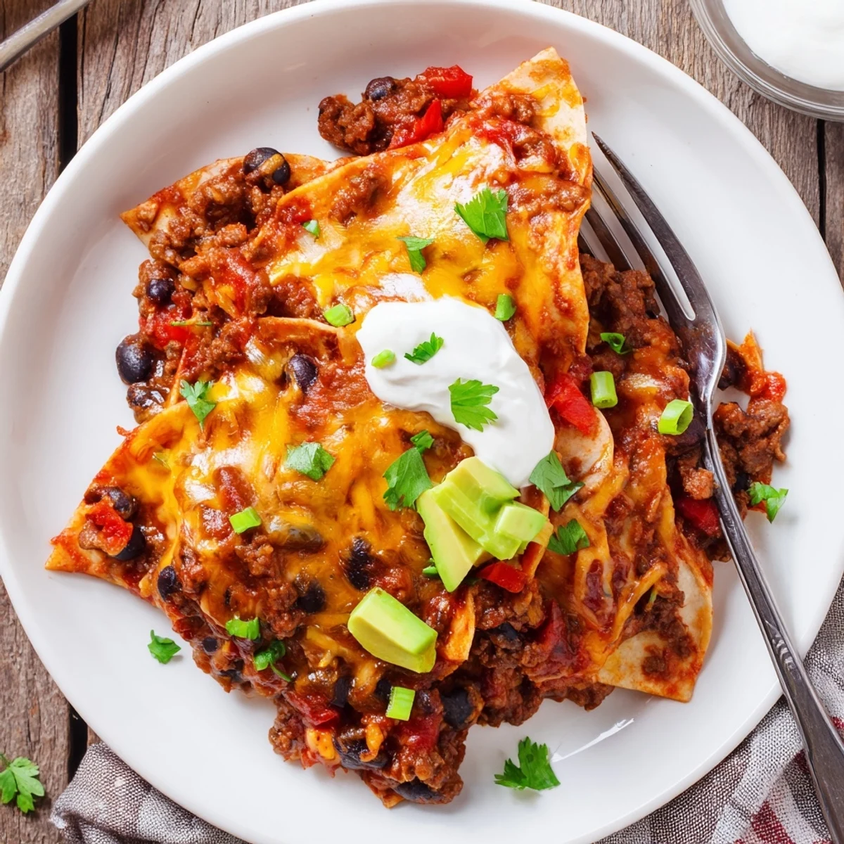 One pan Beef Skillet Enchiladas with caramelized onions and bubbling red sauce