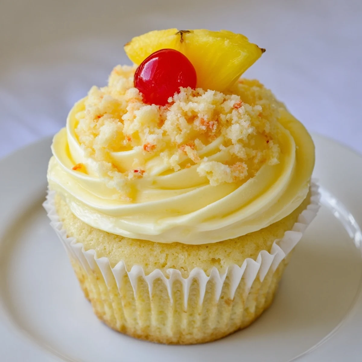 Bite-ready Dole Whip Cupcakes Recipe displayed with dried pineapple and cherry