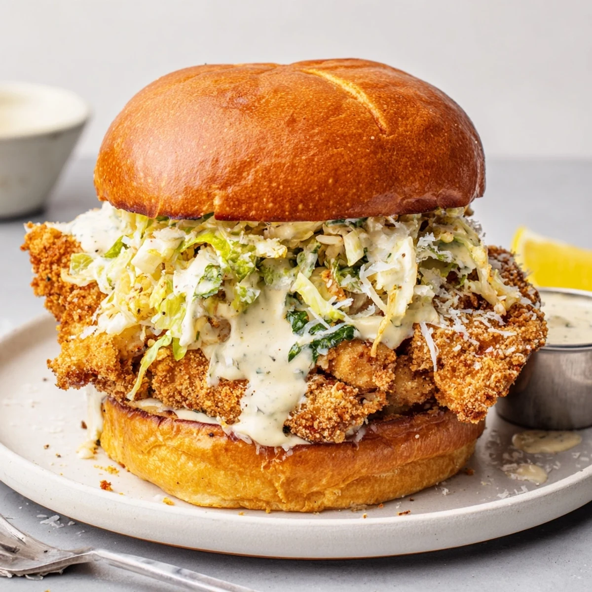 Crispy Chicken Caesar Sandwich Recipe with golden fried chicken, crunchy romaine, toasted brioche