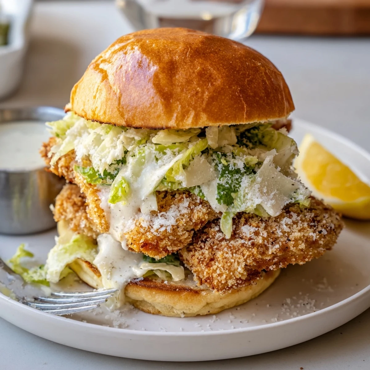 Seared aroma and creamy dressing in Crispy Chicken Caesar Sandwich Recipe, served warm