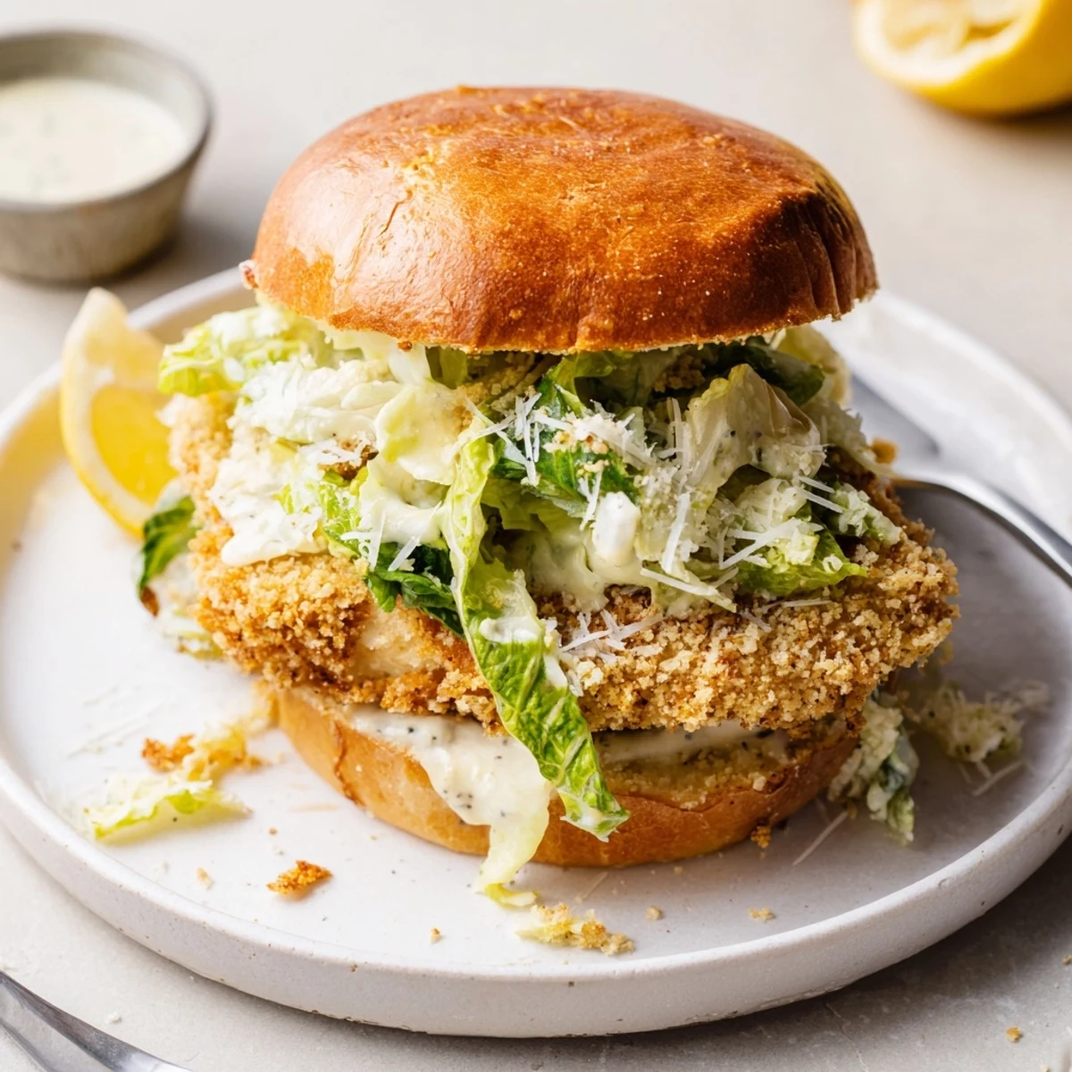 Buttery toasted brioche embracing Caesar and chicken in Crispy Chicken Caesar Sandwich Recipe