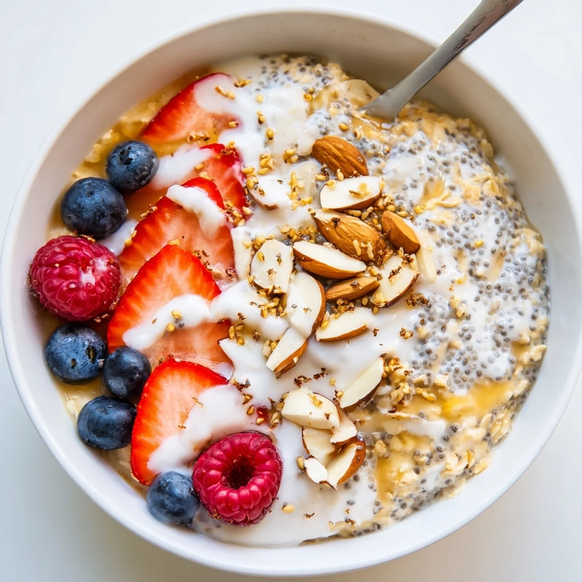 Refrigerated jar of Healthy Coconut Cream Overnight Oats garnished with crunchy nuts