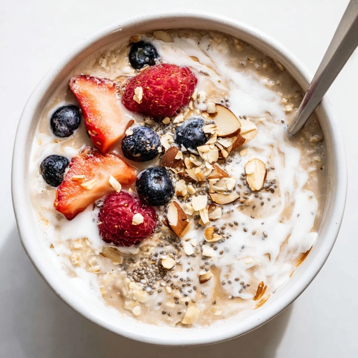 Creamy Healthy Coconut Cream Overnight Oats topped with berries and toasted coconut
