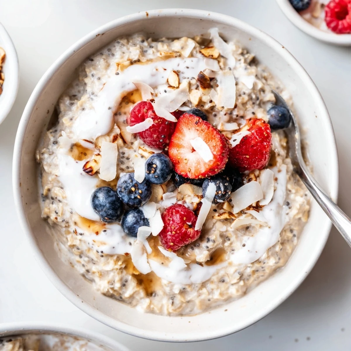 Velvety Healthy Coconut Cream Overnight Oats served chilled with a maple drizzle