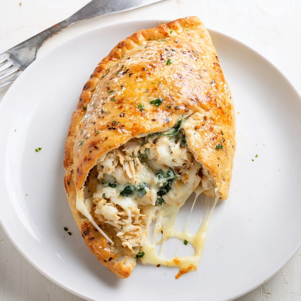 Crispy Cheesy Chicken Alfredo Air Fryer Calzones on plate, golden, steaming, melted cheese