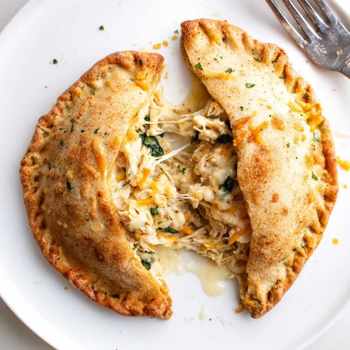 Sliced Crispy Cheesy Chicken Alfredo Air Fryer Calzones revealing creamy, tender chicken filling