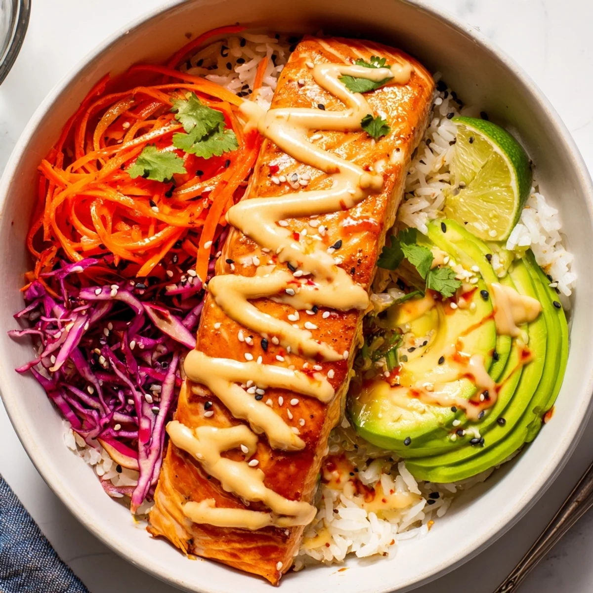 Bang Bang Salmon Bowls Recipe with roasted salmon, creamy spicy sauce, lime