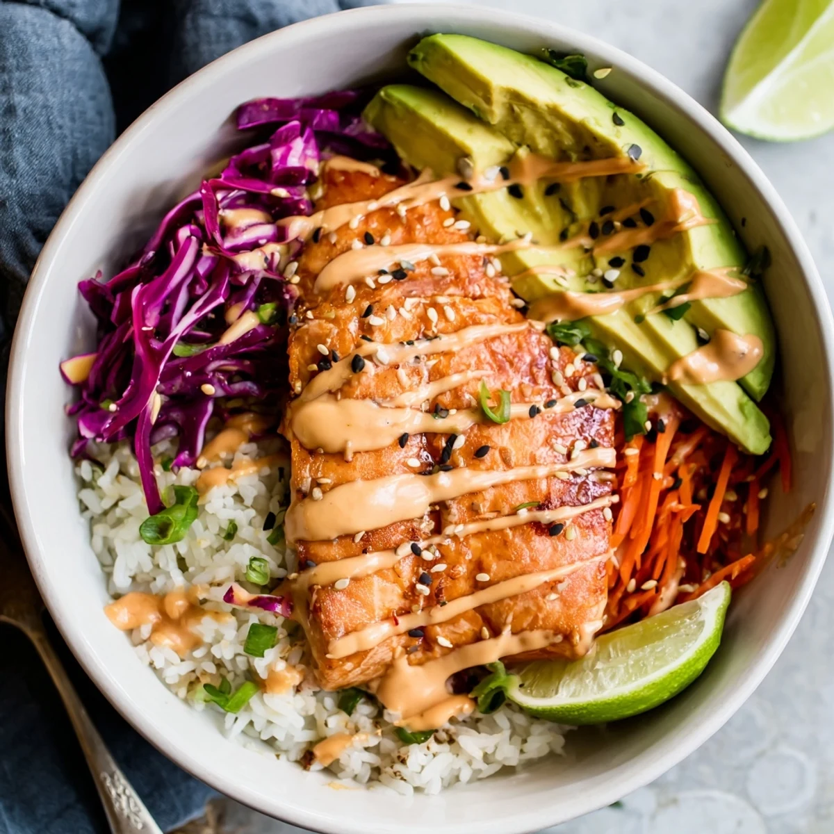 Bright Bang Bang Salmon Bowls Recipe: fluffy jasmine rice, crunchy cabbage, cilantro