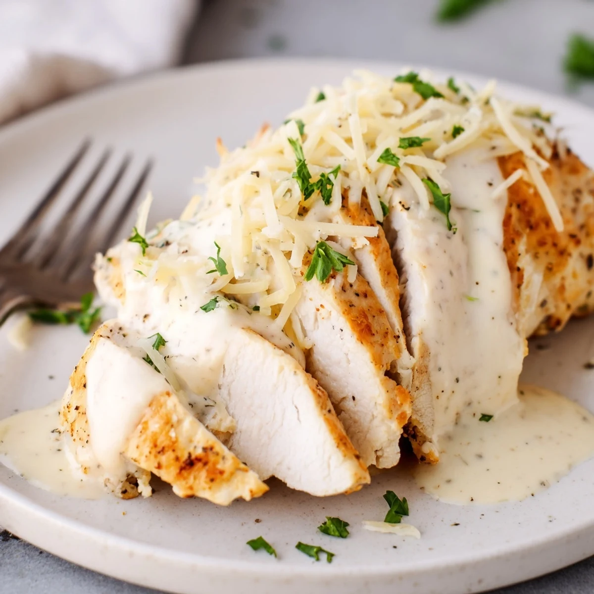 Fork-tender Caesar Chicken Recipe served hot with lemon, parsley garnish