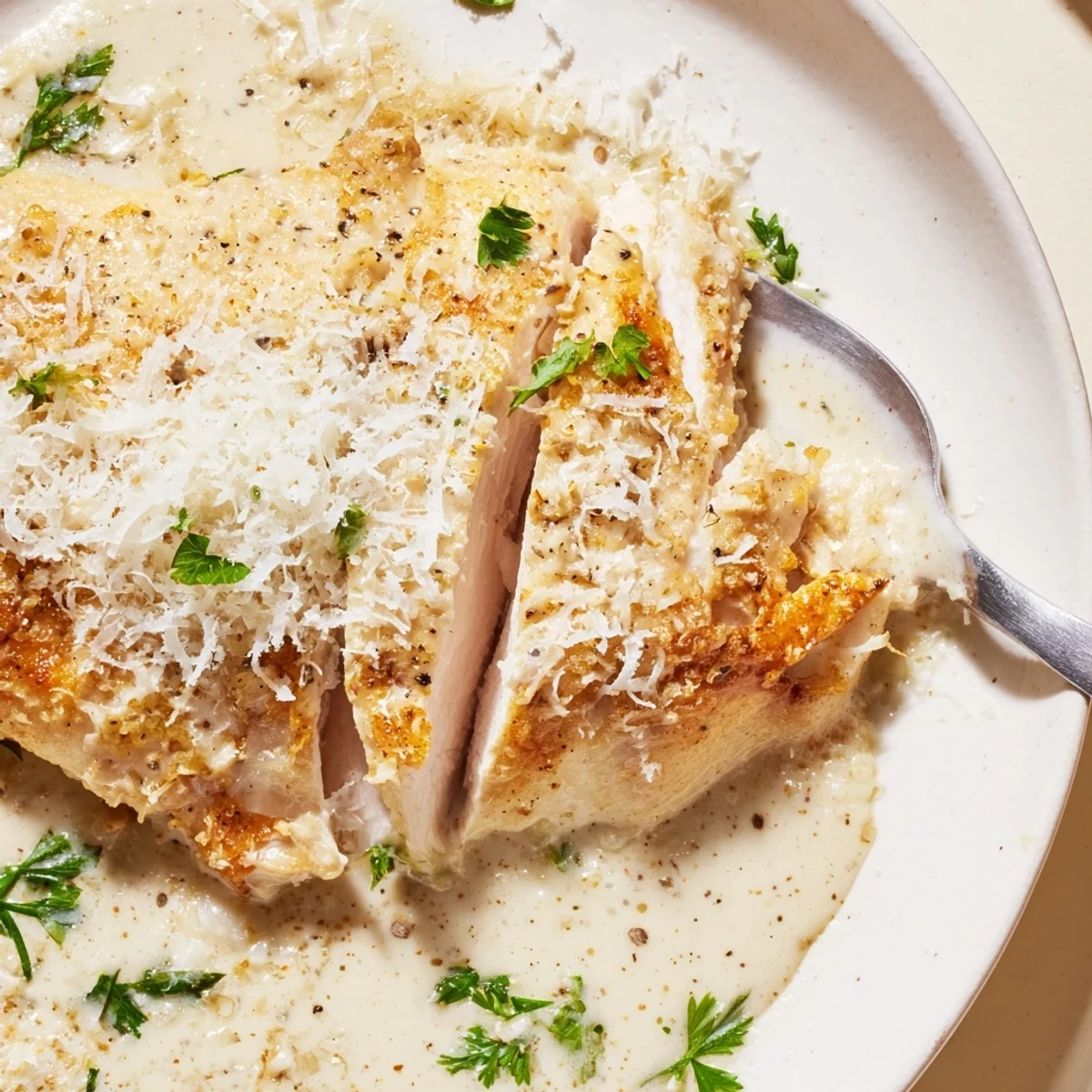 Creamy, oven-baked Caesar Chicken Recipe topped with melted parmesan and herbs