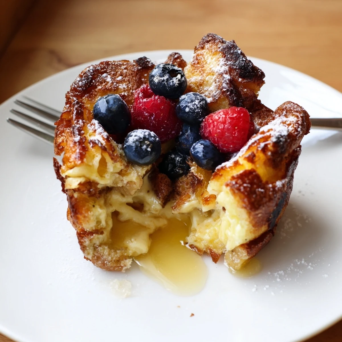 Individual Baked French Toast Cups nestled in tin, topped with fresh berries