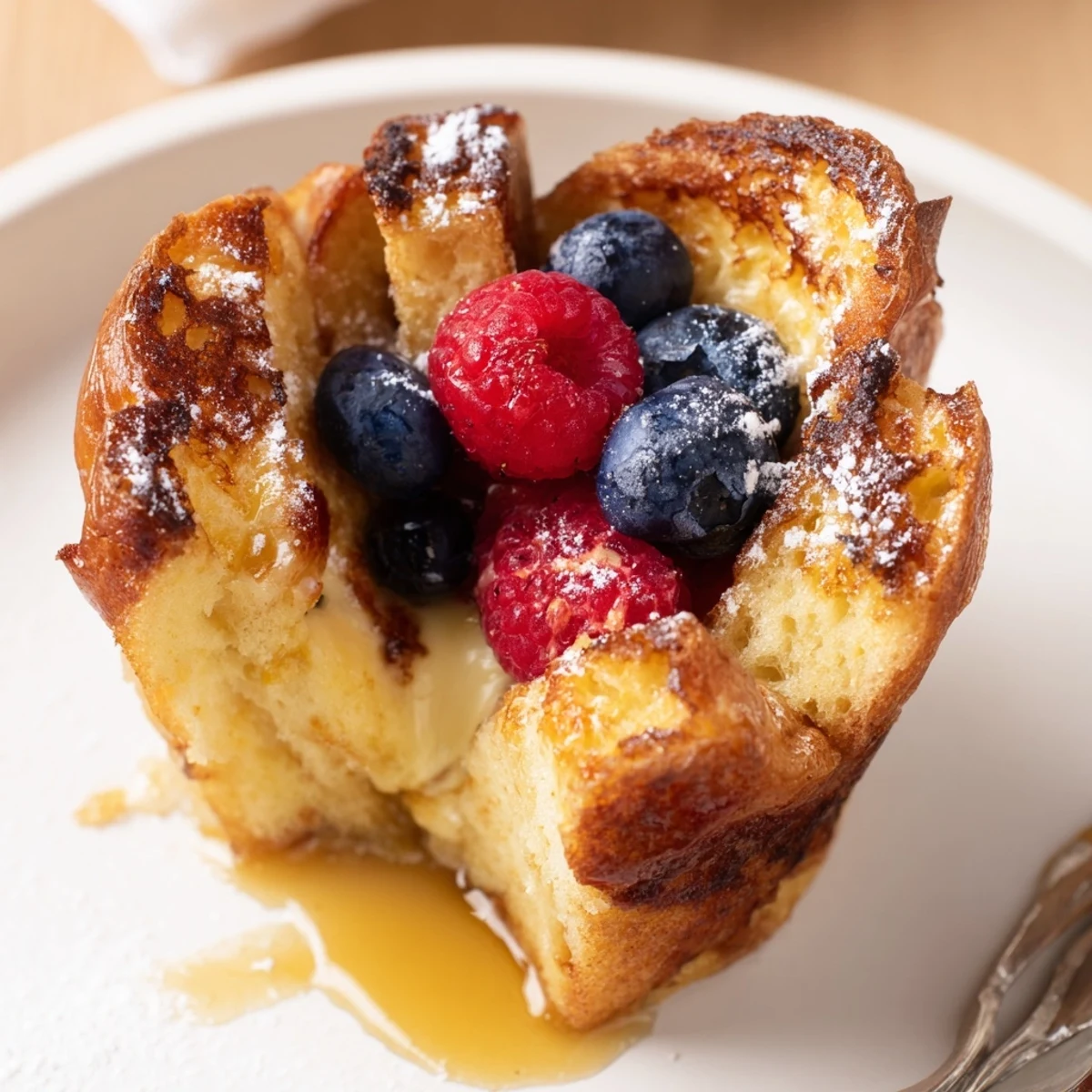 Baked French Toast Cups golden-crisp edges, fluffy centers, drizzled with maple syrup