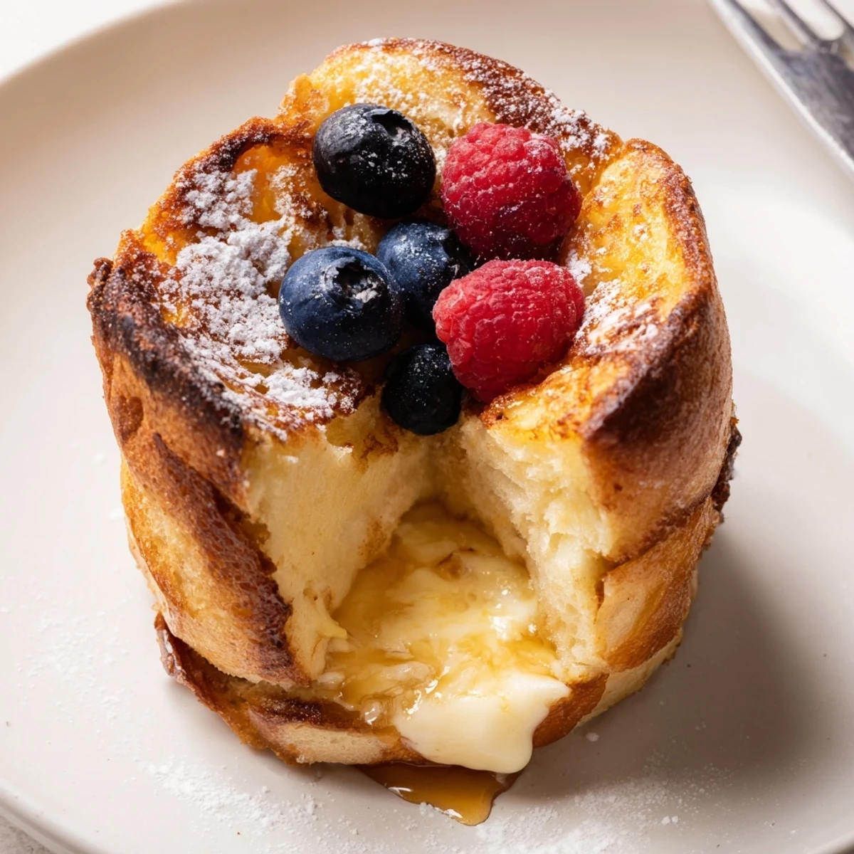Warm Baked French Toast Cups with cinnamon-scented custard, dusted with powdered sugar