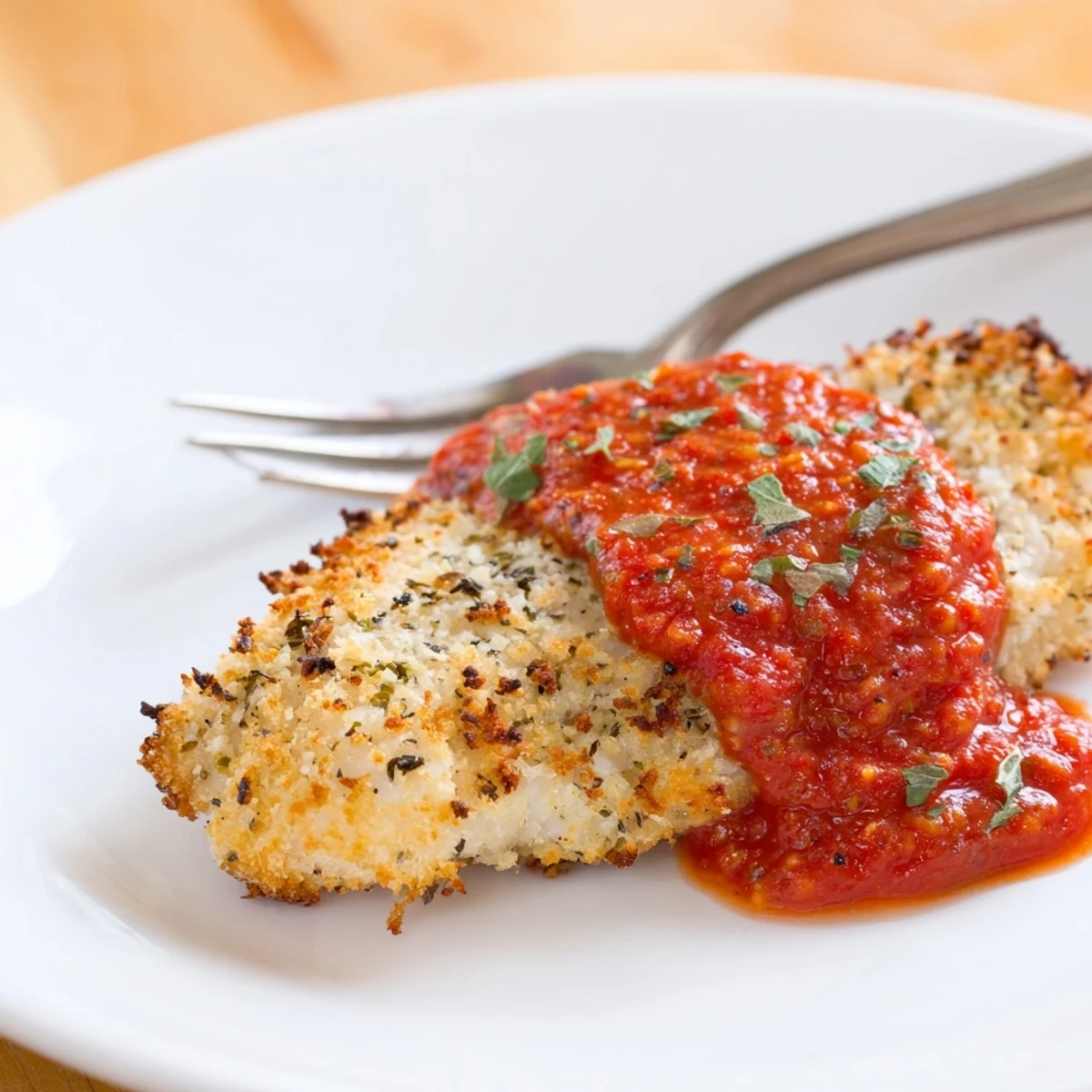 Parmesan Roasted Red Pepper Chicken with golden crust, smoky sauce spooned over
