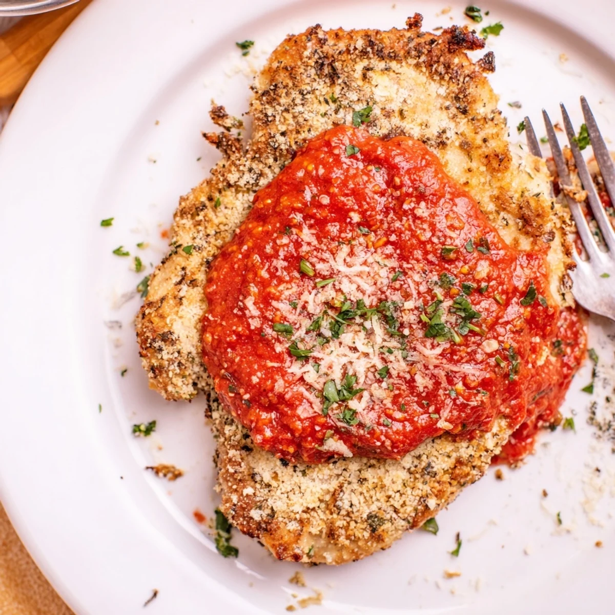 Oven-baked Parmesan Roasted Red Pepper Chicken served with warm pasta and greens